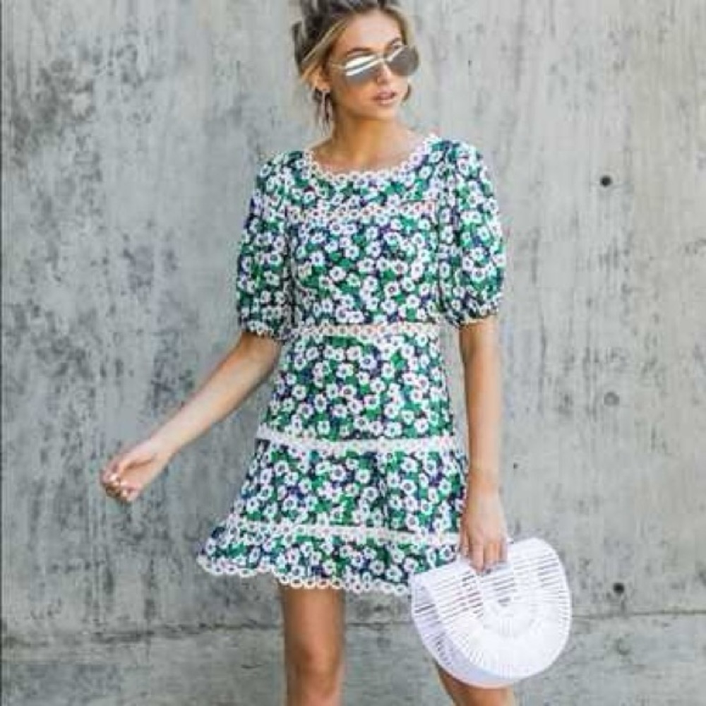 Olivaceous floral print mini dress.
